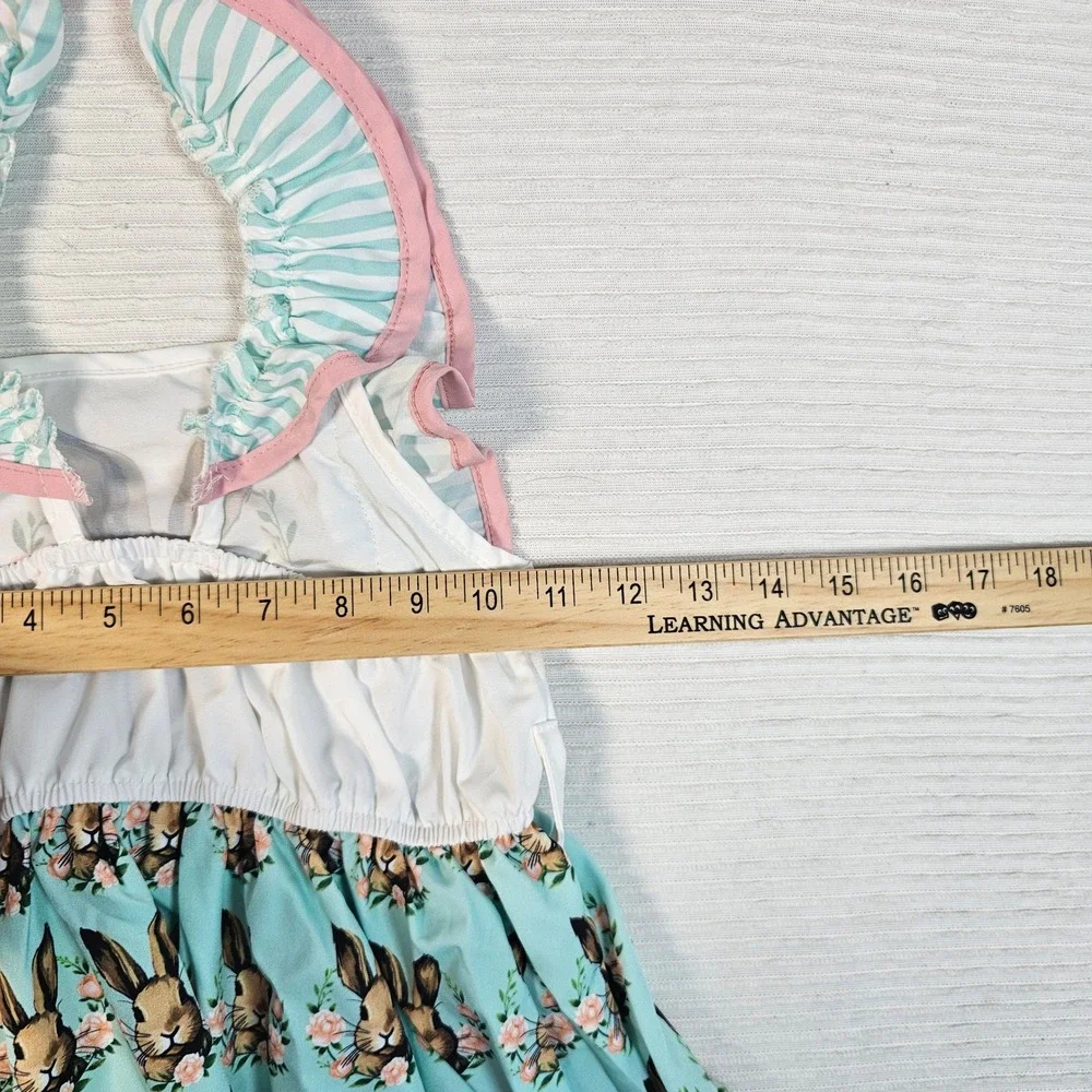 Bloom Boutique Girls Bunny Floral Stripe Ruffle‎ Halter Dress Mint Blue Pink NEW